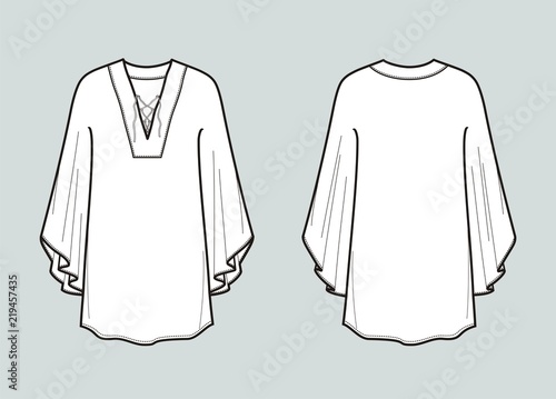 Tunic with wide sleeve. Front and back views