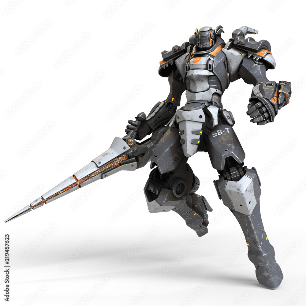 Robot warrior with a large lance in one hand. A science-fiction mech in a  jumping