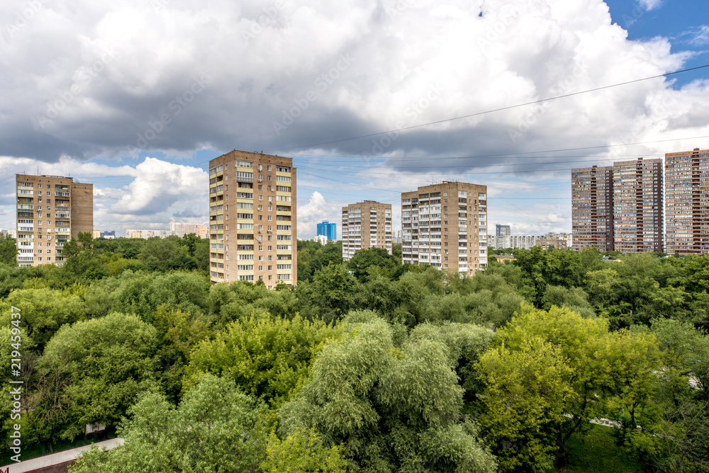 Fototapeta premium Streets and residential buildings in Moscow from a height view from above panorama 