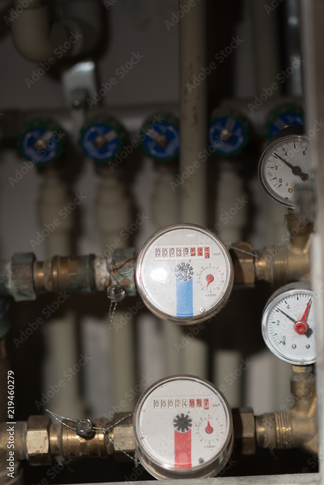 Hot and cold pipes system with valves and counter Hot and cold pipes system with valves and counter
