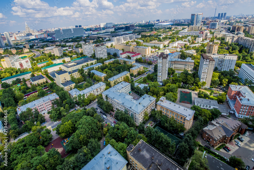 Streets and residential buildings in Moscow from a height view from above panorama
