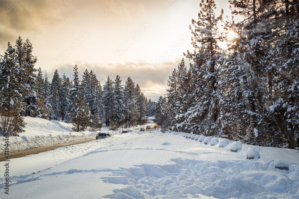 Fototapeta premium Sunset at snowy landscape