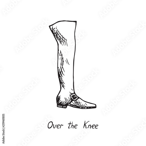 Over the Knee Boots, isolated hand drawn outline doodle, sketch, black and white vector illustration with inscription