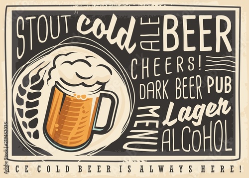 Beer poster menu with creative lettering and beer mug on dark chalk board background. Artistic concept for bar or pub wall decoration or menu template.