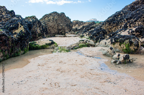 Rock Formation Landscape Panorama of Towan Beach and Great Western Beach Newquay (Tewynn Pleustri) West Cornwall South England UK photo