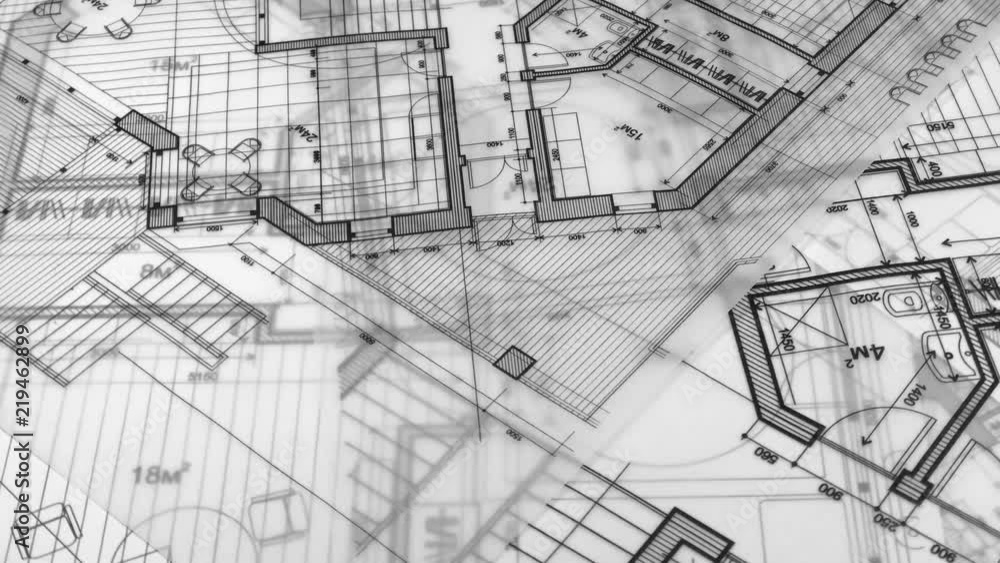 Blueprints: architectural drawings - architectural plan of a modern house / smoothly rotate / seamless looping Blueprints: architectural drawings - architectural plan of a modern house / smoothly rotate / seamless looping