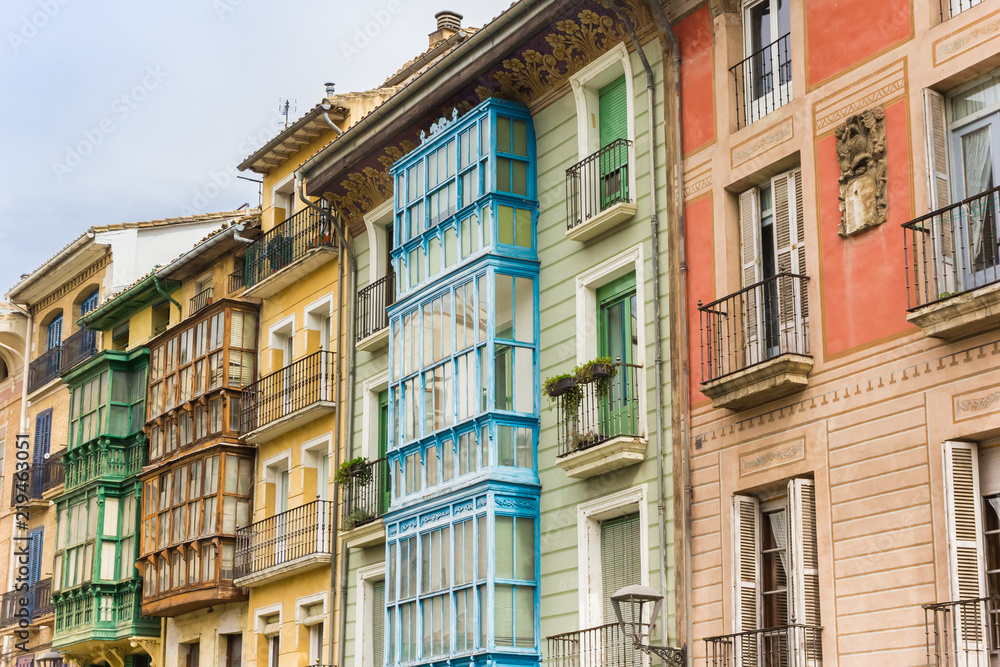Colorful houses with traditional bay windows in Estella, Spain