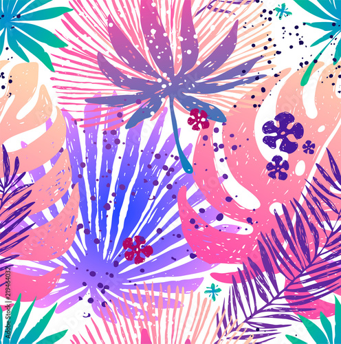 Seamless trendy pink pattern with exotic palm leaves and Monstera. Vector bot...