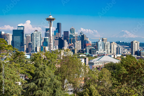 Seattle skyline from Kerry Park on a clear day in pacific northwest Washington with a view to Mount Ranier