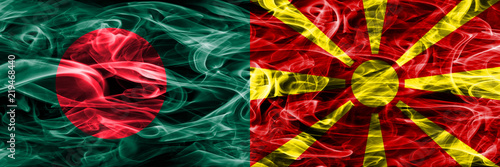 Bangladesh vs Macedonia smoke flags placed side by side. Thick colored silky smoke flags of Bangladesh and Macedonia