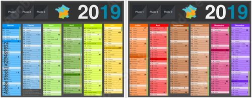 Calendrier 2019 avec vacances scolaires officielles au format 320 x 420 mm recto verso entièrement modifiable via calques et texte arial