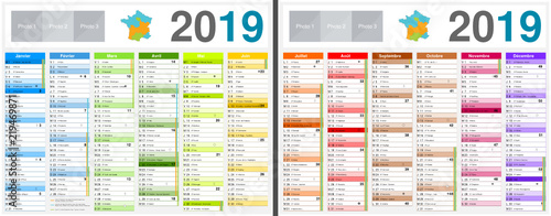 Calendrier 2019 avec vacances scolaires officielles au format 210 x 265 mm recto verso entièrement modifiable via calques et texte arial
