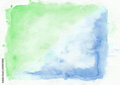 Emerald (jade) and azure mixed watercolor horizontal gradient background. It's useful for greeting cards, valentines, letters. Abstract art style handicraft pattern.