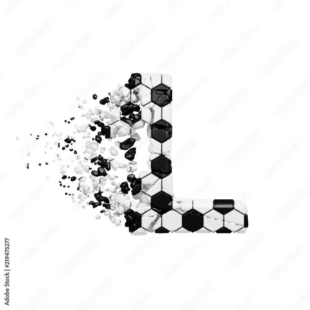 Broken shattered alphabet letter L. Crushed soccer font made of football texture. 3D render isolated on white background. Broken shattered alphabet letter L. Crushed soccer font made of football texture. 3D render isolated on white background.