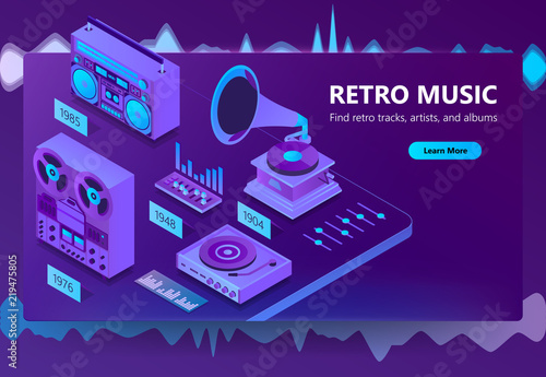 Vector 3d isometric template of site of online listening retro music, old songs. Illustration with mixer, gramophone, player with audio cassettes and other in violet, ultraviolet color