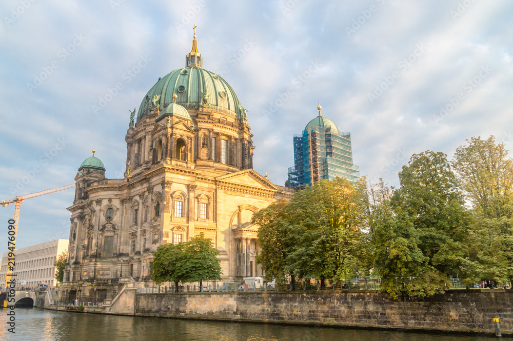 Berlin Cathedral (Berliner Dom) view from Spree River at sunset time.
