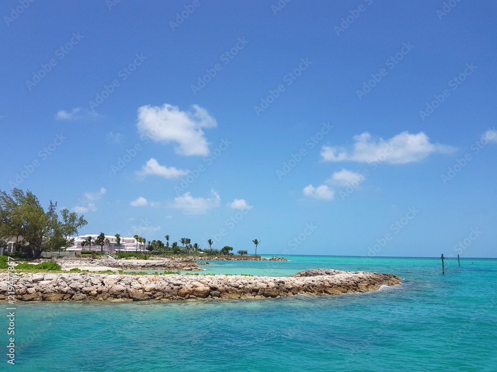 Scene of the Caribbean coast of the island os Nassau, Bahamas
