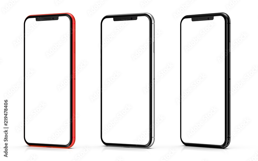 Red, silver and black smartphones with blank screen, isolated on black background. Template, mockup. Red, silver and black smartphones with blank screen, isolated on black background. Template, mockup.