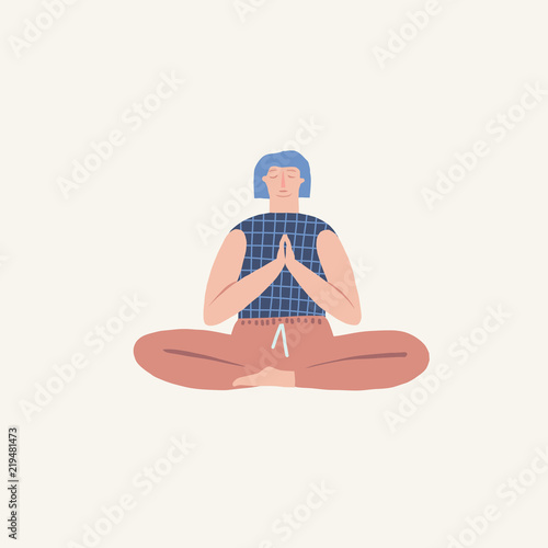 Girl doing yoga breathing exercise pranayama.