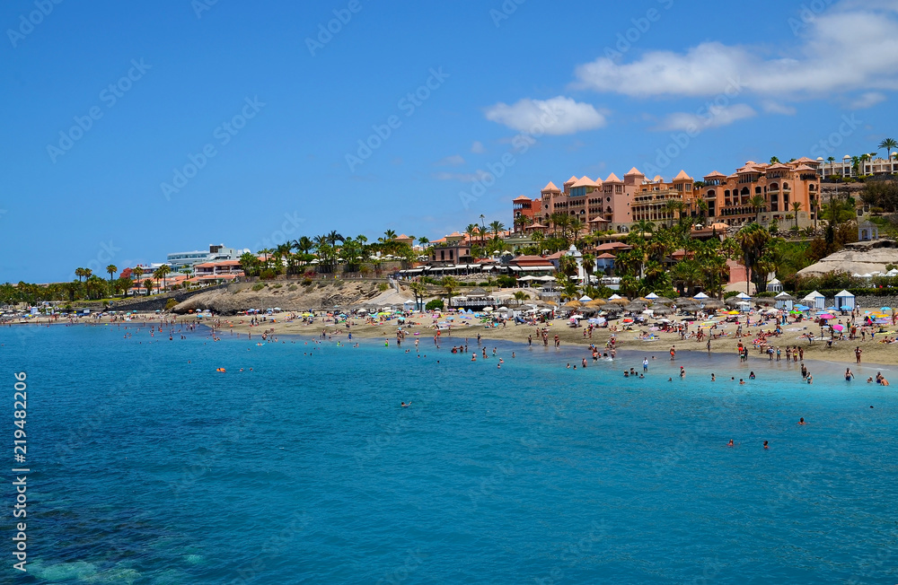 Beautiful coastal view of El Duque beach in Costa Adeje,Tenerife,Canary Islands, Spain.Travel or vacation concept.