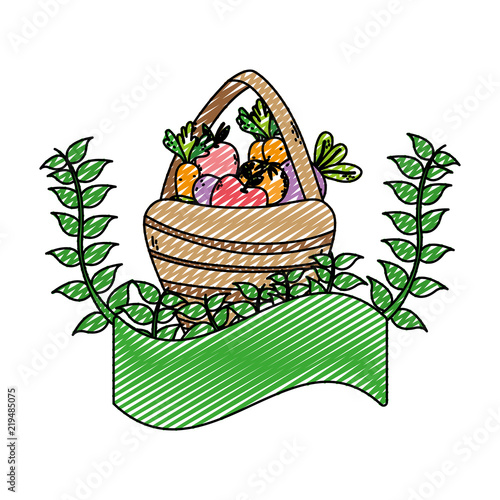 doodle fruits and vegetables inside hamper and plant branches