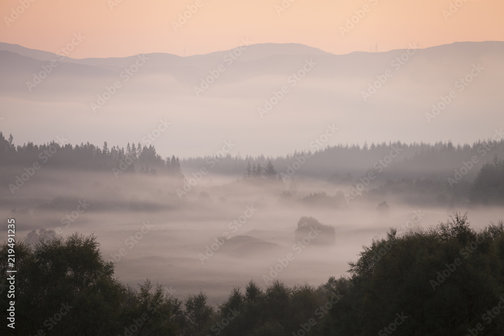 Trees in mist at north end of Lock Loyne in the Scottish Highlands during sunrise.