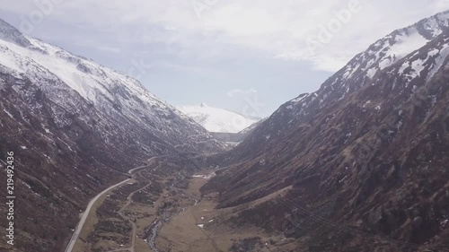 Wide aerial, scenic canyon in mountain landscape