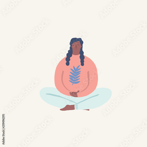 Yoga girl sitting in pose doing breathing exercise illustration in vector.