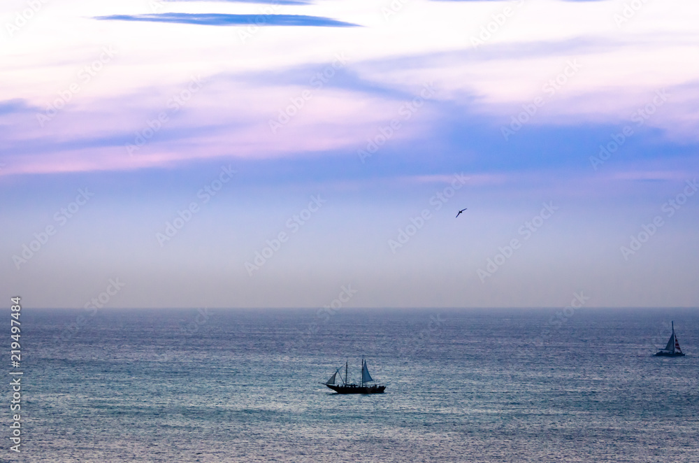 Fototapeta premium Twilight at sea with shipping boat silhouette