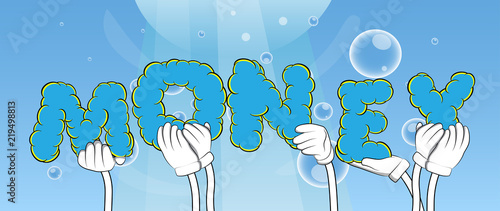 Diverse hands holding letters of the alphabet created the word Money. Vector illustration.