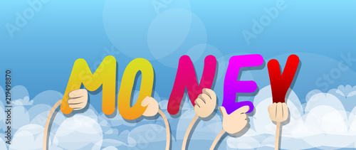Diverse hands holding letters of the alphabet created the word Money. Vector illustration.