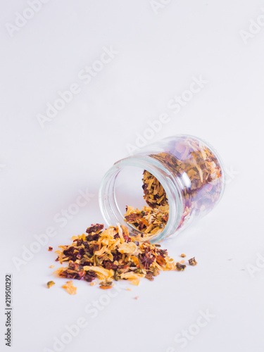 Glass jars with various grains, oats, linseed, dry seasoning
