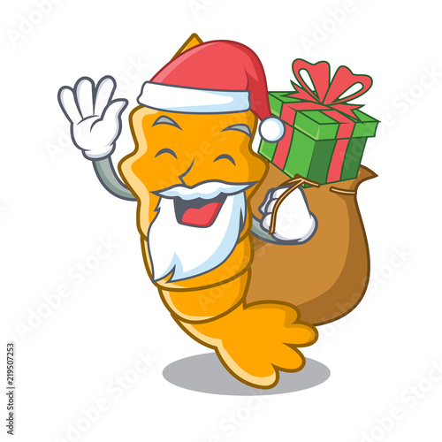 Santa with gift steamed fresh raw shrimp on mascot cartoon