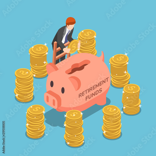 Isometric businessman saving money in piggy bank