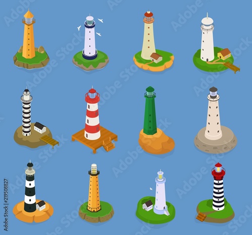Lighthouse vector beacon lighter beaming path of lighting from seaside coast illustration set of lighthouses isolated on marine background