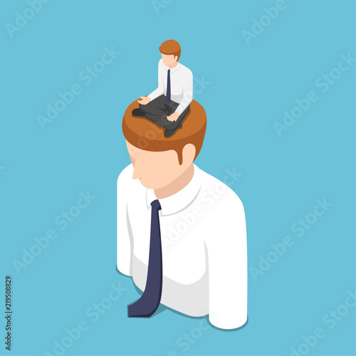 Isometric businessman doing meditation in lotus position on the business people head