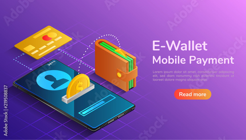 Isometric wallet and credit card connected and transfer money to smartphone