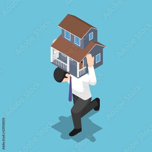 Isometric businessman carrying a house on his back