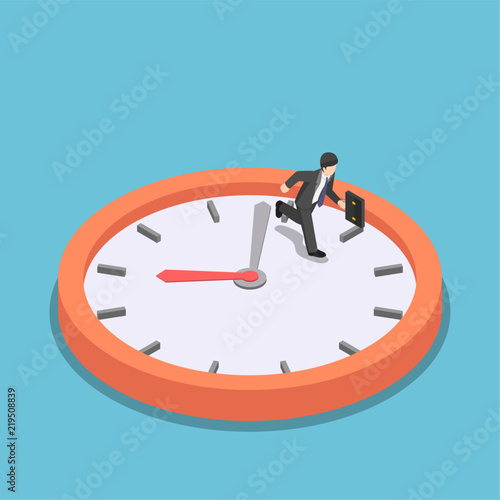 Isometric businessman running on big clock face