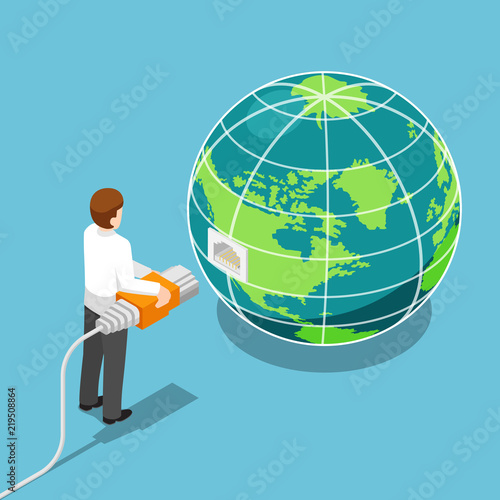 Isometric businessman connecting network cable to the world
