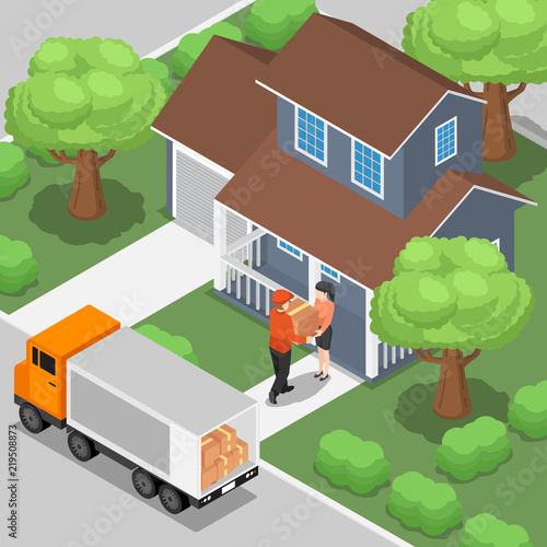 Delivery man shipping the products box to customer at the home