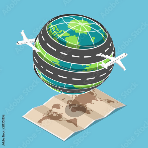 Isometric plane and transportation road circled around the world.