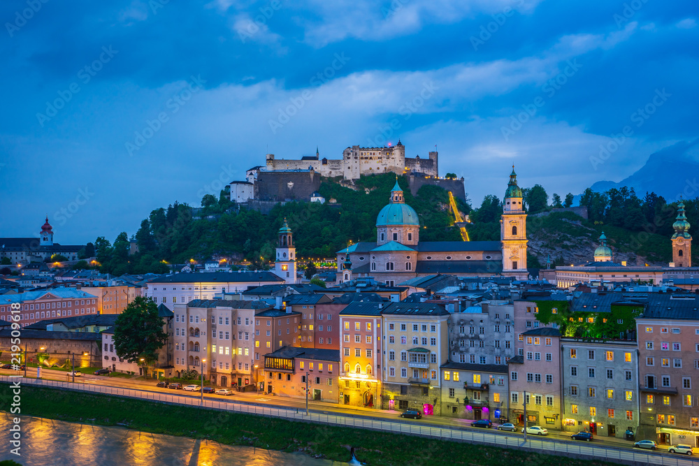 Naklejka premium Salzburg skyline at night in Austria