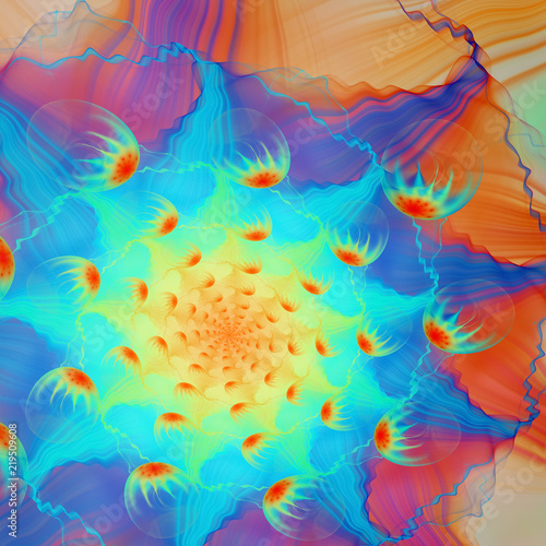 Abstract exotic rainbow flower. Close-up view. Fantasy fractal design. Psychedelic digital art. 3D rendering. © Klavdiya Krinichnaya