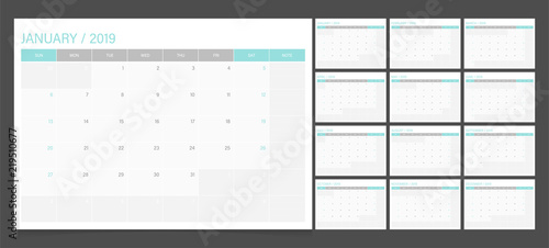 2019 calendar planner set week start Sunday corporate design template vector