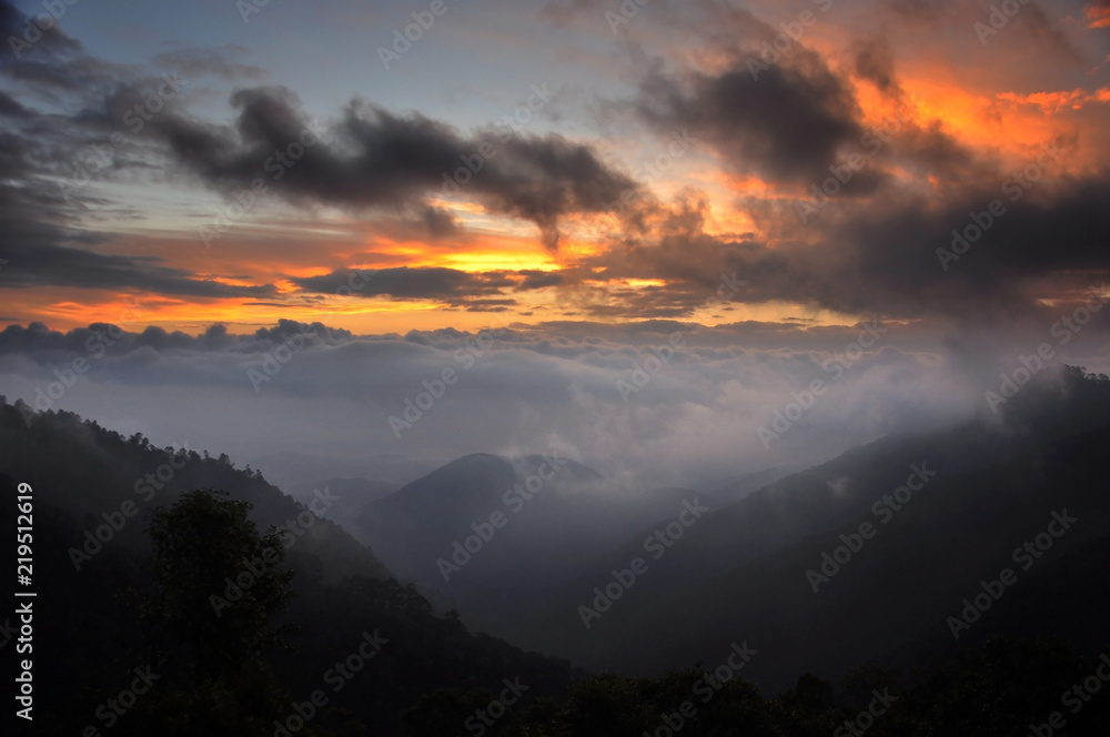 Mountain and winter fog  in morning time, before sunrise twilight color sky. Doi Ang Khang Thailand.