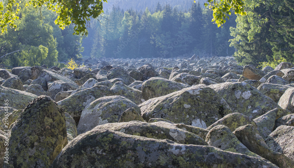  stone river with big granite stones or moraine in the National Park Mountain