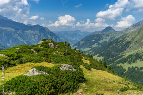 Beautiful view with glacier and mountains and nature at Nationalpark Hohe Tauern in Pinzgau in the Austrian Alps