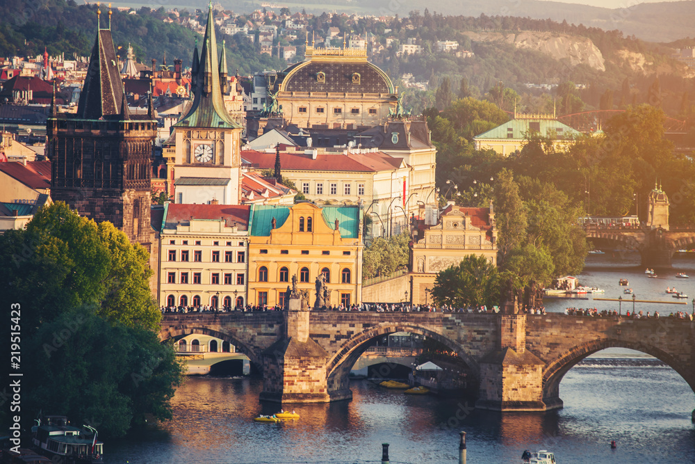 Naklejka premium Scenic spring sunset aerial view of the Old Town pier architecture and Charles Bridge over Vltava river in Prague, Czech Republic