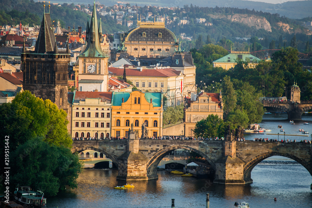 Obraz premium Scenic spring sunset aerial view of the Old Town pier architecture and Charles Bridge over Vltava river in Prague, Czech Republic